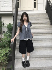 Mock Two-Piece Short-Sleeve V-Neck Frill Trim Striped Blouse