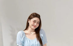 Set: Short-Sleeve V-Neck Lace Panel Smocked Blouse + High Waist Plain Wide Leg Pants