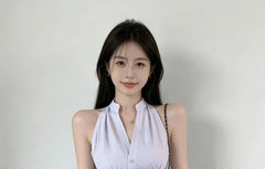 Sleeveless V-Neck Striped Button-Up Shirt / High Rise Mini Pencil Skirt