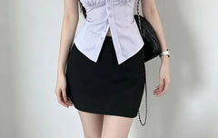 Sleeveless V-Neck Striped Button-Up Shirt / High Rise Mini Pencil Skirt