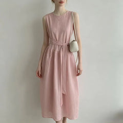 Sleeveless Round Neck Plain Tie-Waist Midi Dress