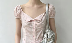 Puff Sleeve Square-Neck Lace Panel Gingham Slim-Fit Blouse