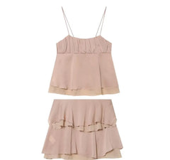 Square Neck Layer Chiffon Camisole Top / Layer Ruffled Chiffon Mini Skirt