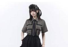 Collared Striped Studded Panel Shirt / Elastic Waist Plain Hook And Eye Ruffle A-Line Skirt / Necktie (Various Designs)