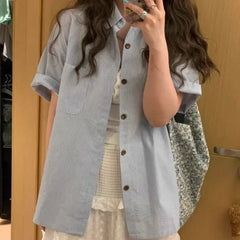 Elbow-Sleeve Striped Button-Up Shirt
