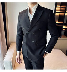 Peak Lapel Plain Double Breasted Blazer / Mid Rise Cropped Tapered Dress Pants / Set