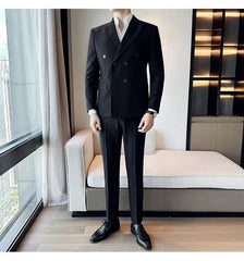 Peak Lapel Plain Double Breasted Blazer / Mid Rise Cropped Tapered Dress Pants / Set
