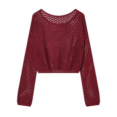 Long-Sleeve Boatneck Perforated Plain Knit Top