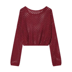 Long-Sleeve Boatneck Perforated Plain Knit Top