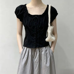 Puff Sleeve Scoop Neck Lace-TRim Tie-Front Slim-Fit Top