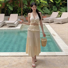 Set: Halter Plain Ruffle Bikini Top + Bottom + Tiered Cover Up Skirt