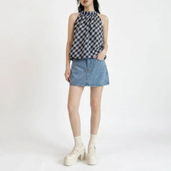 Halter Neck Plaid Bubble Hem Top