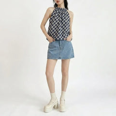 Halter Neck Plaid Bubble Hem Top