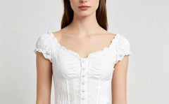 Cap Sleeve V-Neck Plain Ruffled-Trim Eyelet Lace Slim-Fit Blouse