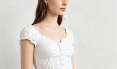 Cap Sleeve V-Neck Plain Ruffled-Trim Eyelet Lace Slim-Fit Blouse
