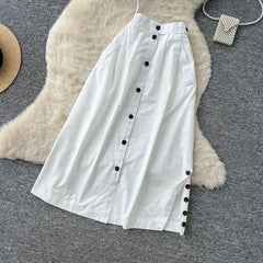 Set: Plain Flap Pocket Drawstring Button Padded Cropped Tube Top + High Waist Slit Midi A-Line Skirt