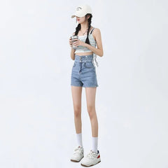 High Waist Washed Denim Hot Pants