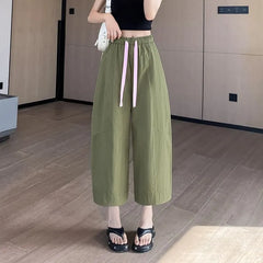Drawstring Waist Plain Crop Barrel Leg Pants