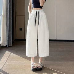 Drawstring Waist Plain Crop Barrel Leg Pants