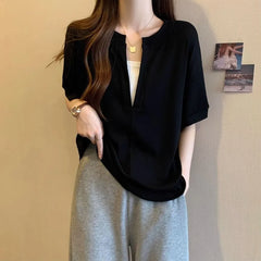 Mock Two-Piece Elbow-Sleeve Notch Neck Two Tone T-Shirt
