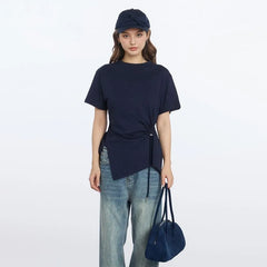 Short Sleeve Crew Neck Plain Drawstring Slim-Fit T-Shirt