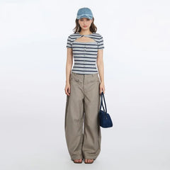 Short Sleeve Crew Neck Striped Cut-Out Twisted Button Front Slim-Fit T-Shirt