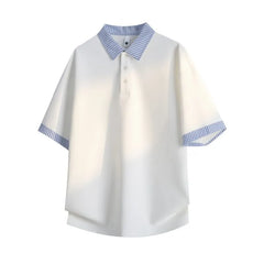 Mock Two-Piece Elbow-Sleeve Striped Panel Polo Shirt
