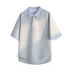 Mock Two-Piece Elbow-Sleeve Striped Panel Polo Shirt