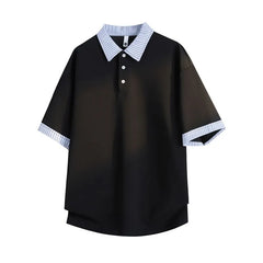 Mock Two-Piece Elbow-Sleeve Striped Panel Polo Shirt