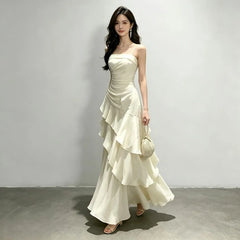 Spaghetti Strap Plain Ruched Ruffle Trim Maxi A-Line Dress