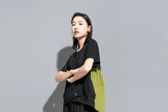 Elbow-Sleeve Crew Neck Asymmetrical Frill Trim T-Shirt
