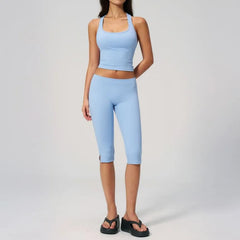 Set: Square Neck Plain Padded Yoga Tank Top + Mid Rise Slit Capri Yoga Pants