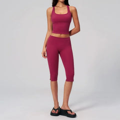 Set: Square Neck Plain Padded Yoga Tank Top + Mid Rise Slit Capri Yoga Pants