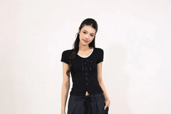 Short-Sleeve Scoop Neck Polka Dot Lace Trim Crop T-Shirt