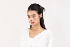 Short-Sleeve V-Neck Plain Shirred T-Shirt