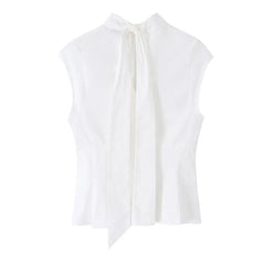 Sleeveless Collared Tie Neck Cutout Blouse