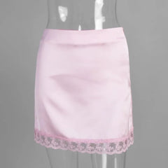 High Waist Lace Trim Satin Mini Skirt