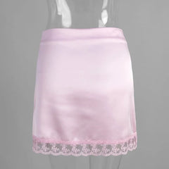 High Waist Lace Trim Satin Mini Skirt