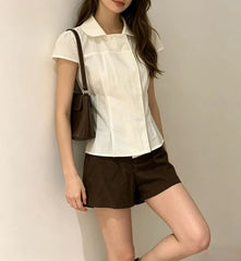 Cap Sleeve Collar Plain Slim-Fit Shirt