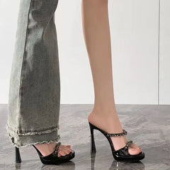 High Heel Rhinestone Slide Sandals