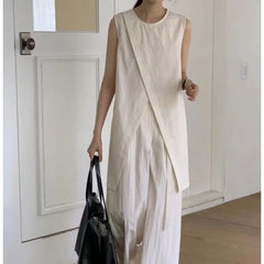 Set: Sleeveless Round Neck Plain Panel Slit Top + High Waist Wide Leg Pants