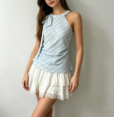 Halter Neck Knotted Plain Slim-Fit Tank Top
