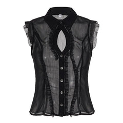 Sleeveless Plain Ruffled-Trim Sheer Slim-Fit Blouse