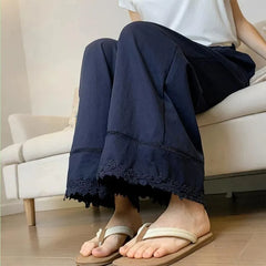 Maternity High Waist Lace Trim Perforated Cropped Wide Leg Pants