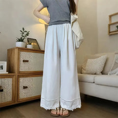 Maternity High Waist Lace Trim Perforated Cropped Wide Leg Pants