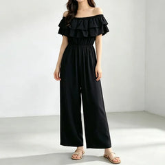 Off-Shoulder Plain Ruffled Wide Leg Jumpsuit