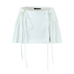 Low Waist Plain Pleated Drawstring Mini A-Line Skirt