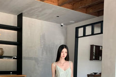 Spaghetti Strap V-Neck Asymmetrical Lace Trim Camisole Top / Mid Rise Plain Harem Pants