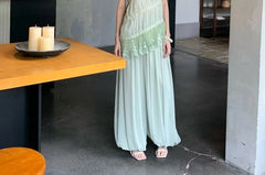 Spaghetti Strap V-Neck Asymmetrical Lace Trim Camisole Top / Mid Rise Plain Harem Pants