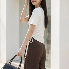 Short-Sleeve Asymmetrical Neck Plain Drawstring T-Shirt